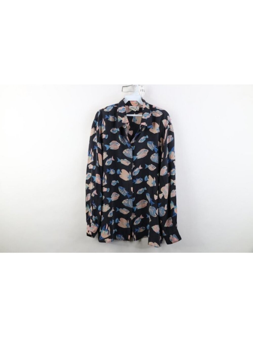 Vintage 90s Streetwear Womens XL Silk All Over Print Fish Collared Button Shirt